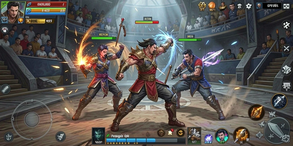 Screenshot gameplay menunjukkan karakter bertarung di arena dengan efek visual yang menakjubkan.
