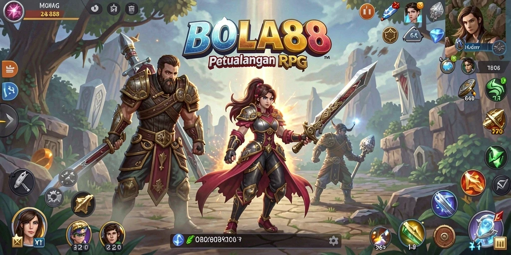 Tampilan gameplay RPG BOLA88 dengan karakter dan pertarungan epik.