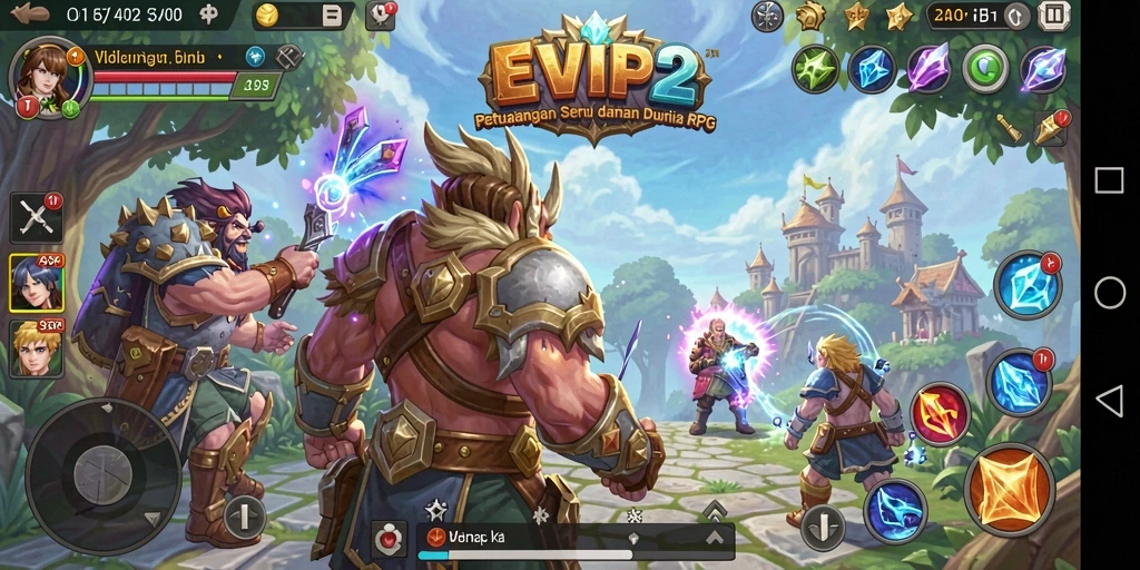 Screenshot menampilkan pertarungan seru dalam game RPG.