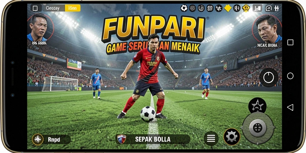 Tampilan gameplay seru dalam FUNPARI dengan aksi sepak bola menarik.