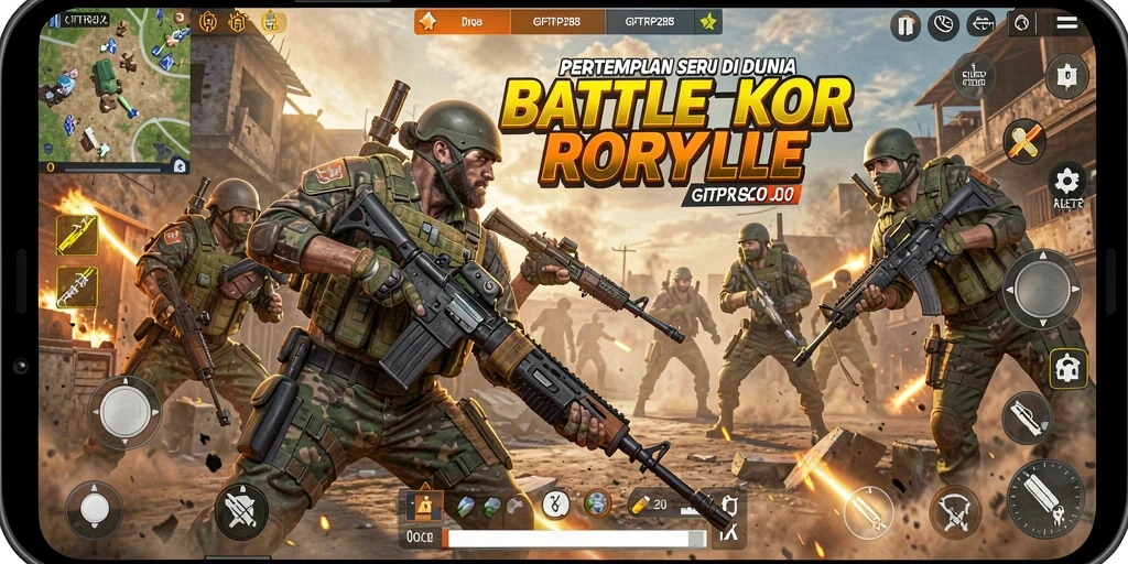 Screenshot gameplay GIFTRP288 menunjukkan aksi seru di medan perang Battle Royale.
