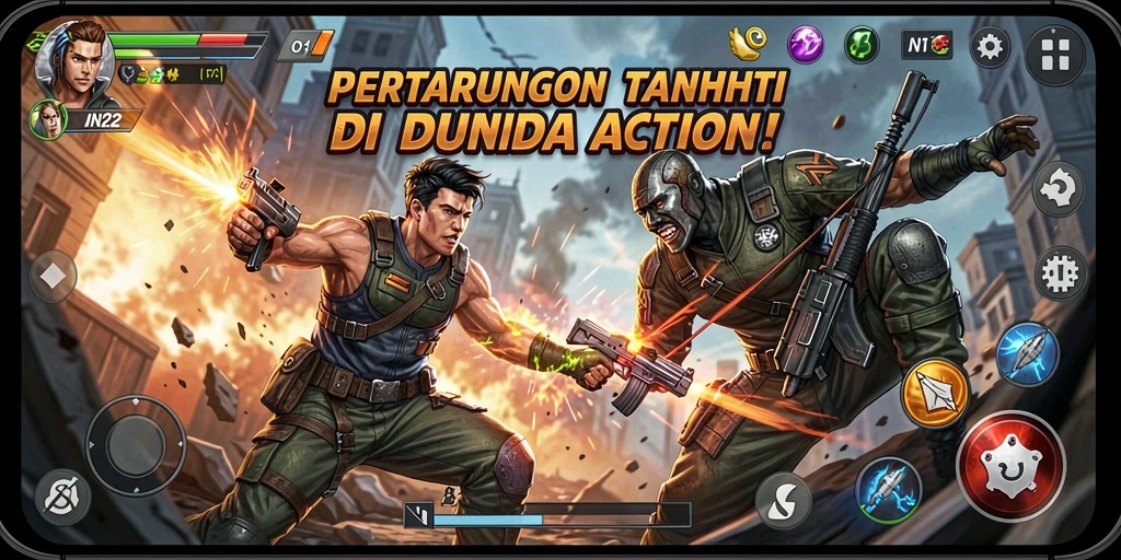 Tampilan gameplay IN22 menunjukkan pertarungan seru dan aksi cepat.