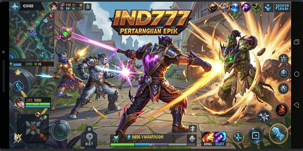 Screenshot utama menunjukkan gameplay mendebarkan di arena MOBA.