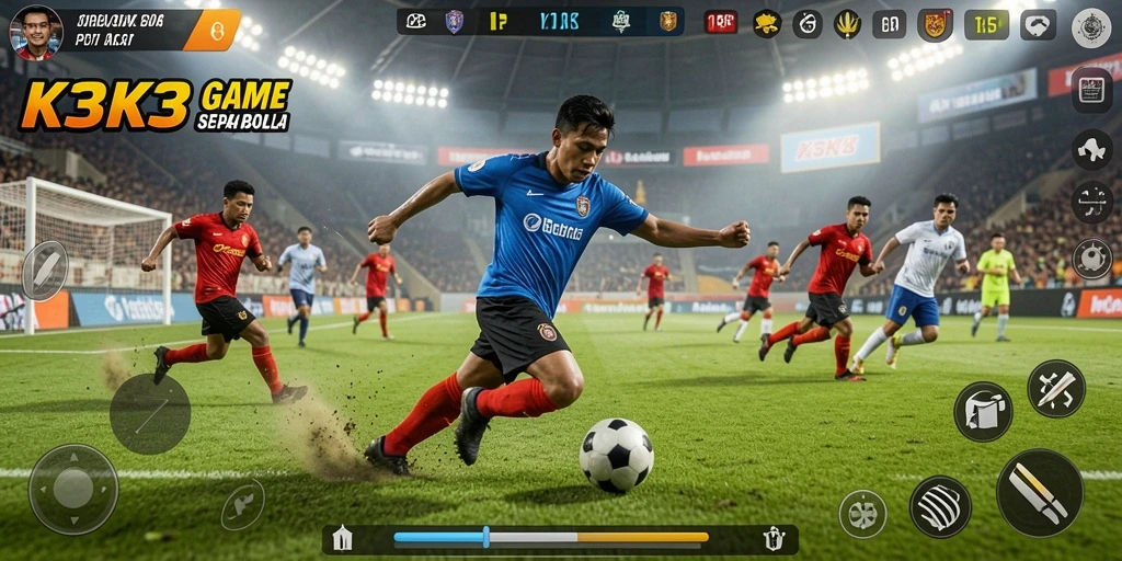 Screenshot gameplay K3K3 menampilkan pertandingan sepak bola yang mendebarkan.