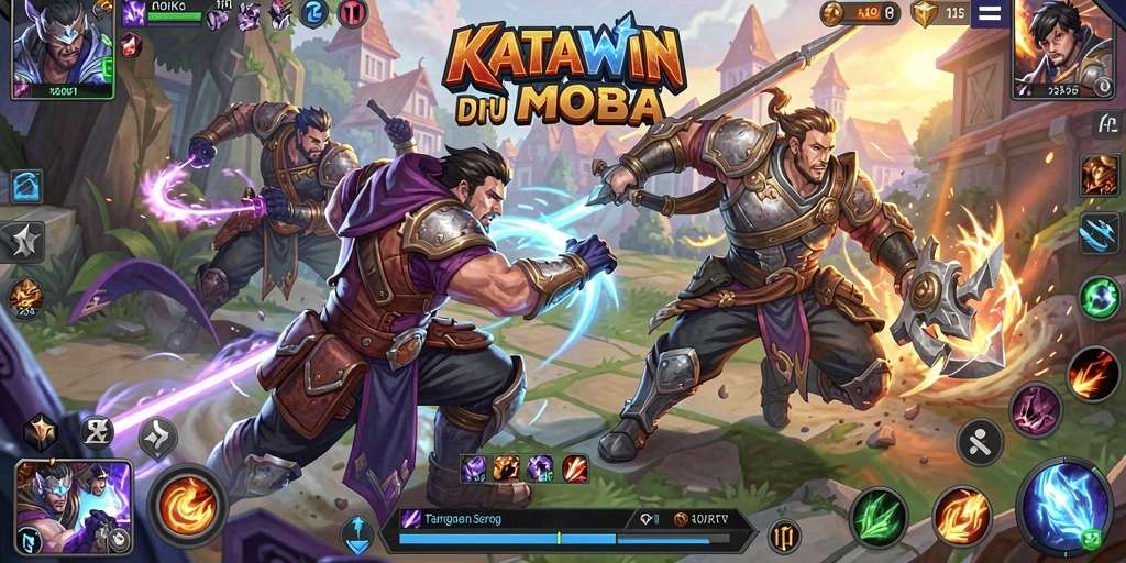 Screenshot KATAWIN menampilkan pertempuran seru di arena MOBA.