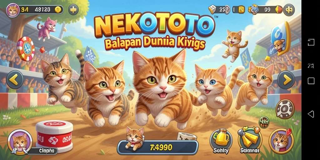 Gameplay seru NEKOTOTO dengan kucing balap yang lucu.