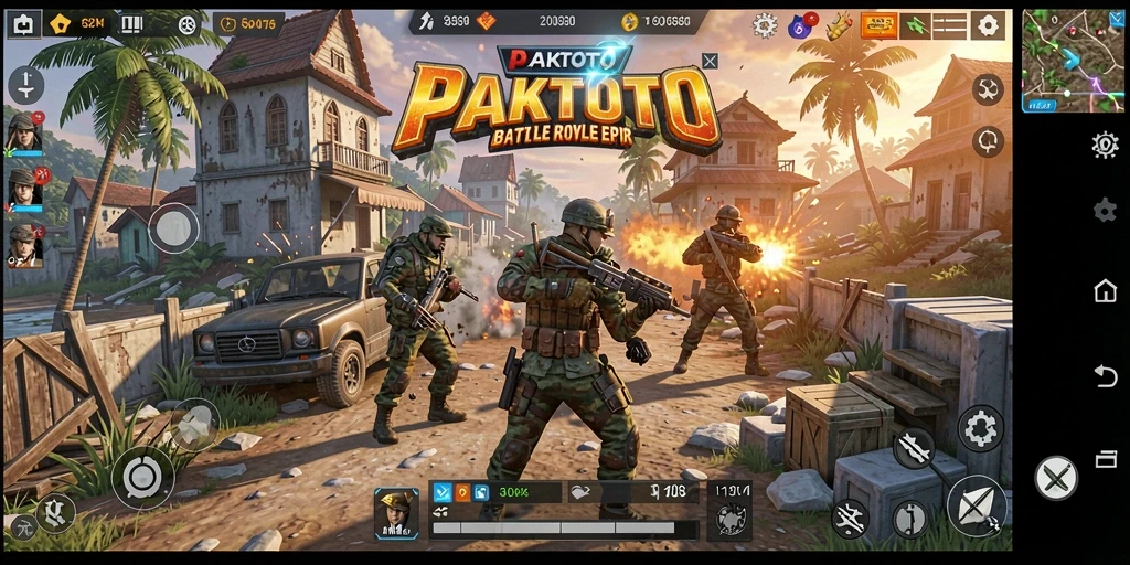 Screenshot PAKTOTO menampilkan aksi tempur Battle Royale yang intens.