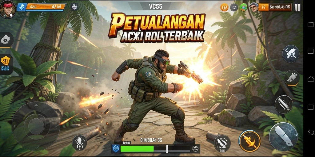 Screenshot gameplay VC55 menampilkan pertarungan epik dalam dunia fantasi.